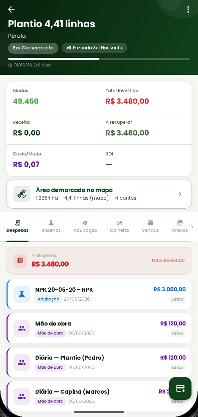 Tela do plantio no Meu Plantio com total investido, custo por muda e lista de despesas