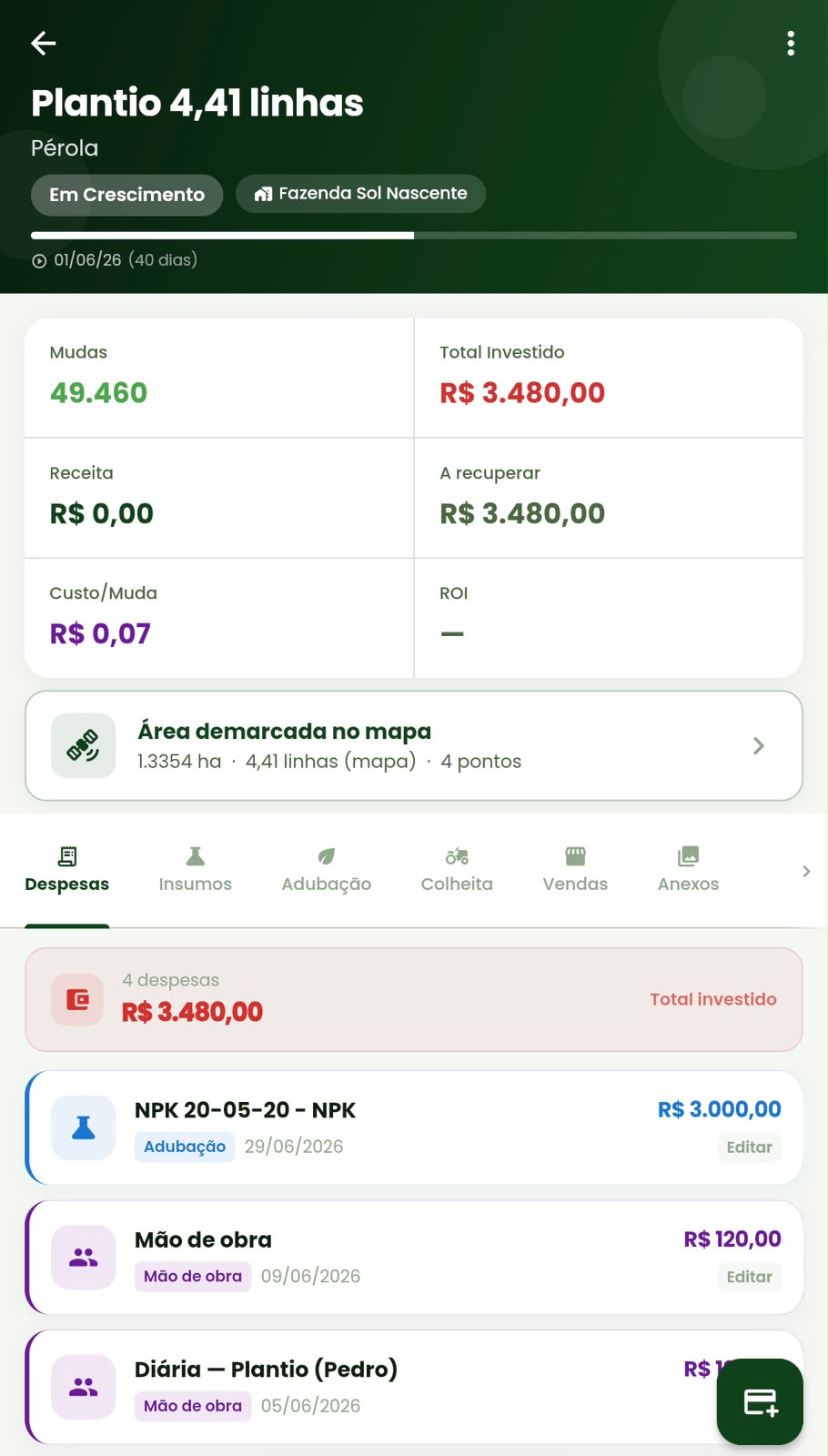 Tela do talhão no Meu Plantio com total investido, custo por muda e lista de despesas